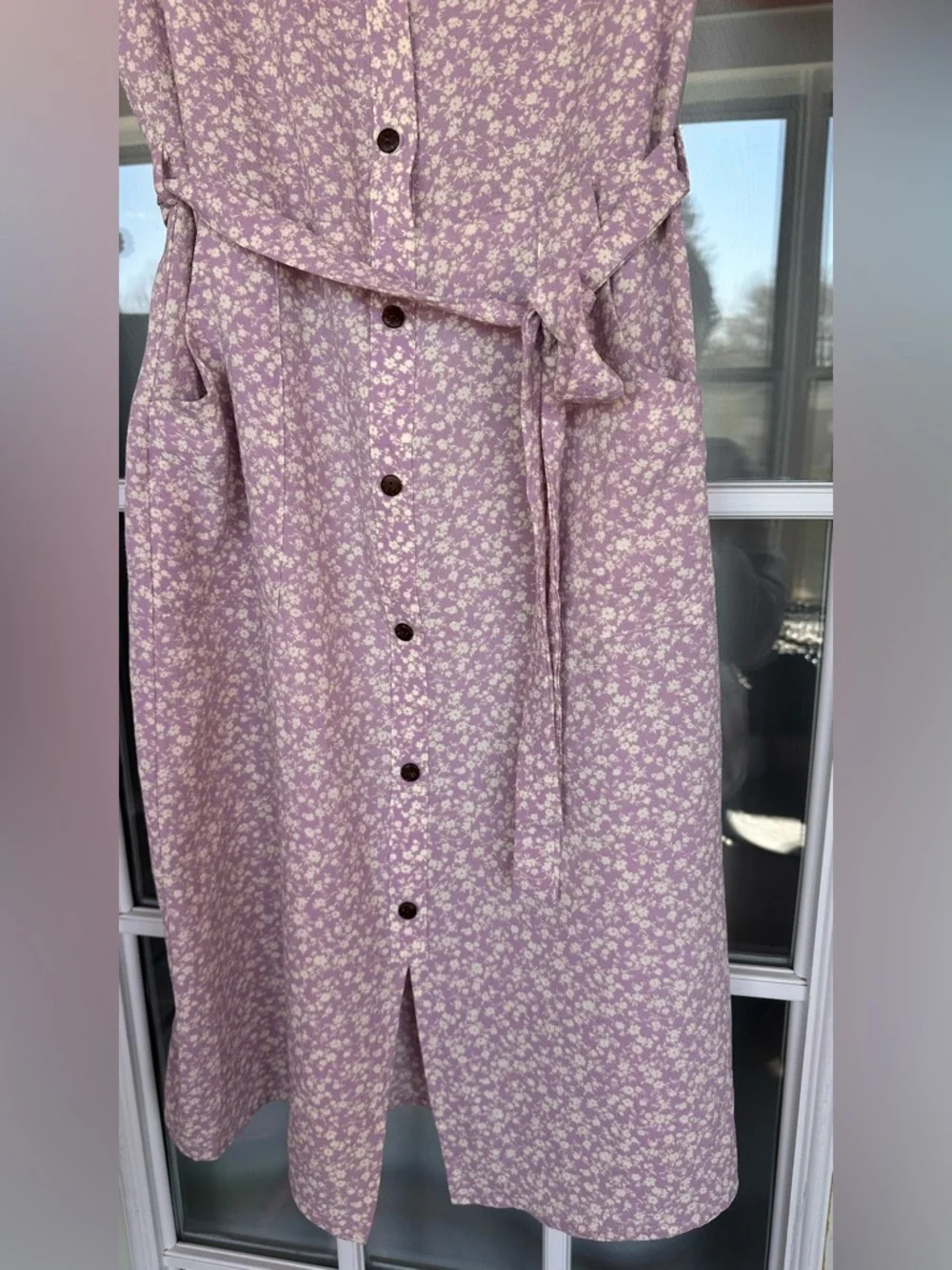 Monteau Georgette Purple Cream Floral Button FrontTie Shirt Midi Dress - size L - Picture 3 of 6